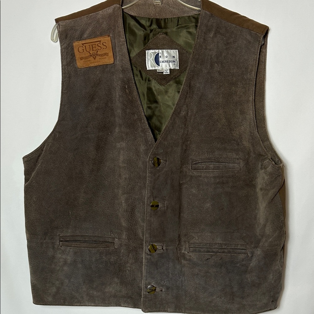 GUESS Men's Size XXL Dark Brown Leather Vest Lined Button Front 2X Vest